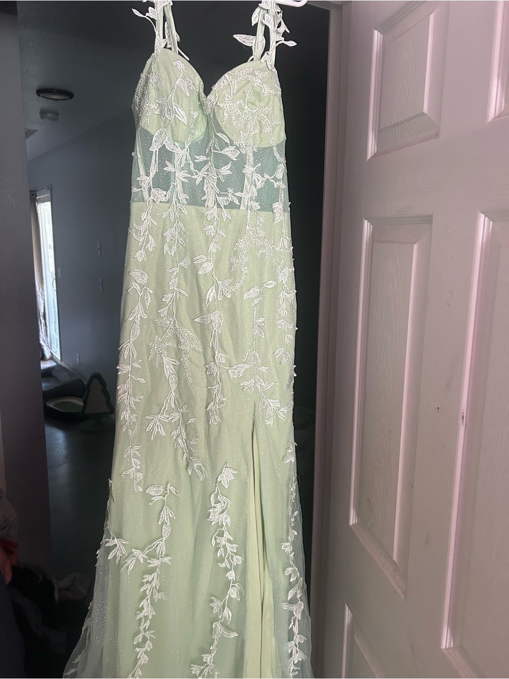 Light Green Floral Embroidered Evening Gown